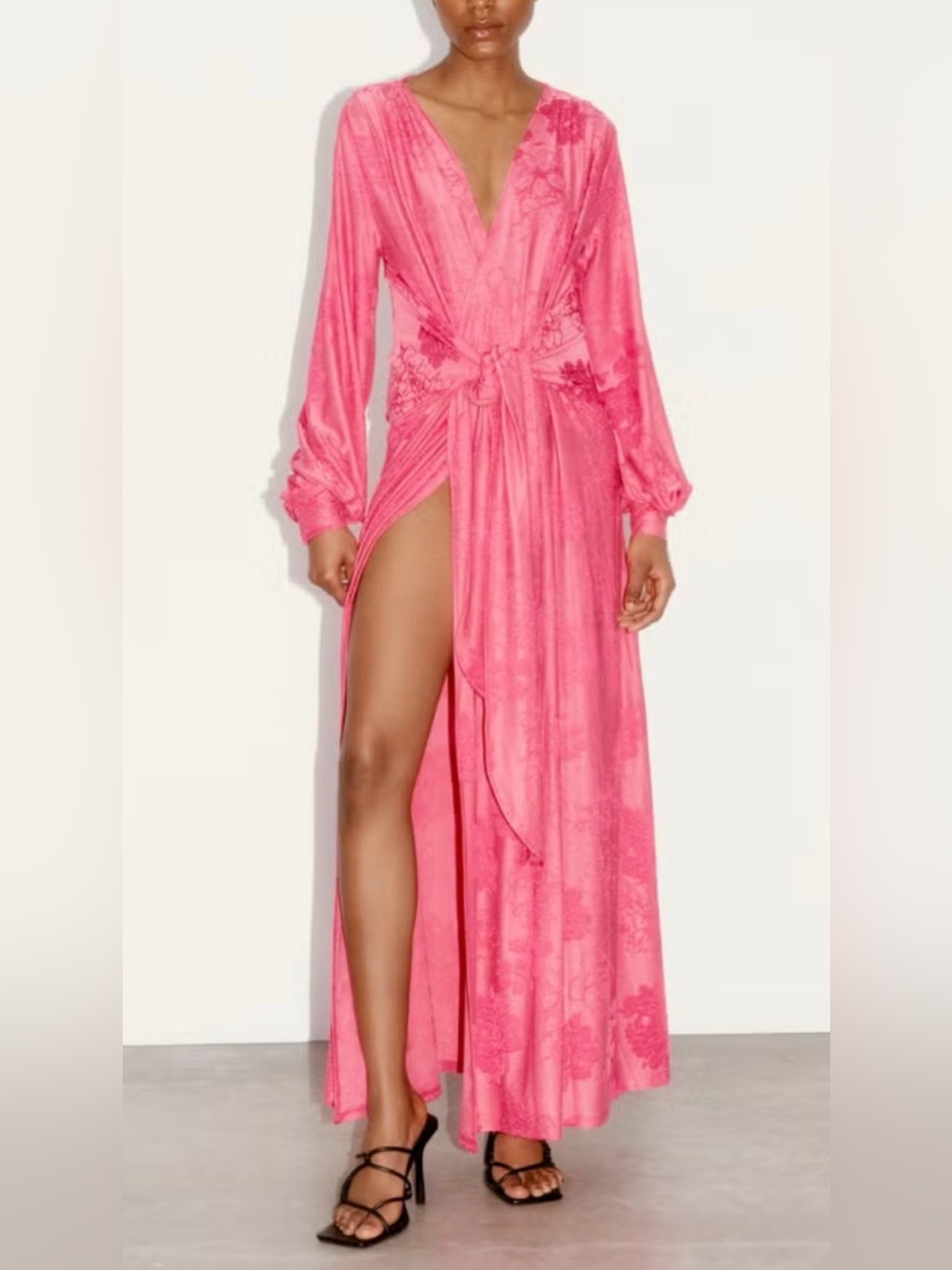 Zara Jacquard Drape Tie Long Sleeve Maxi Dress in Pink, Small